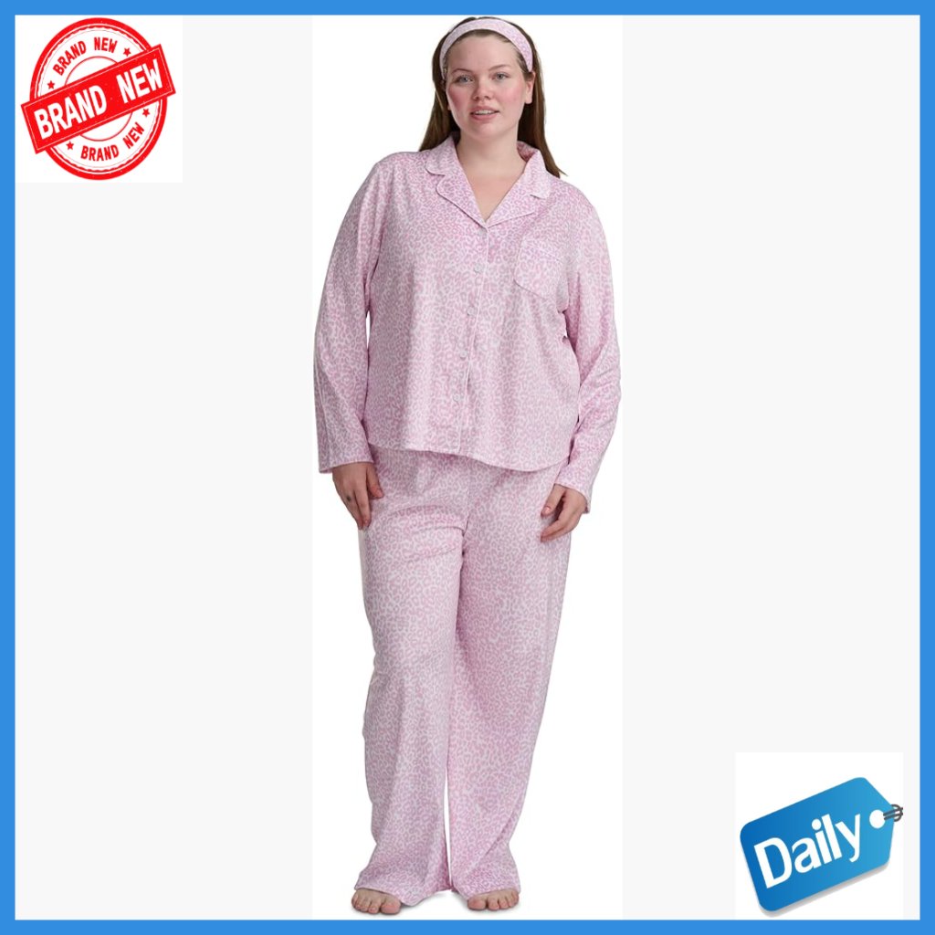 Plus Size Long Sleeve Minky Fleece Pajama Set With Headband